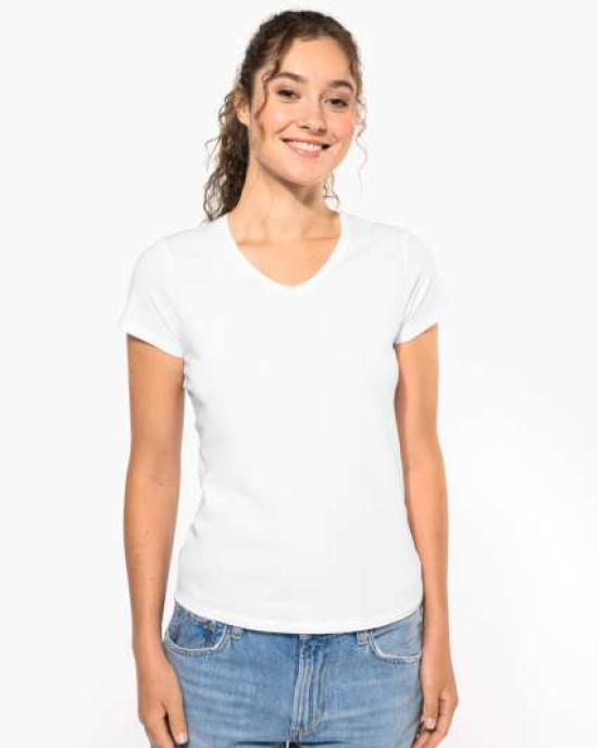 Дамска Памучна V Тениска с Ликра (160 g/m²) – Slim Fit и OEKO-TEX® Сертификат