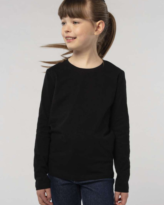 Цветна детска памучна тениска с дълъг ръкав и подсилено деколте.